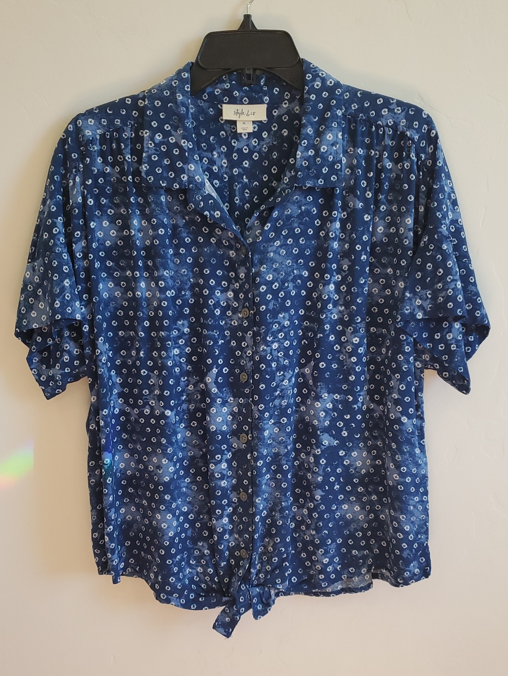 Style & Co. Navy Blue Short-Sleeve Tie-Front Button Shirt